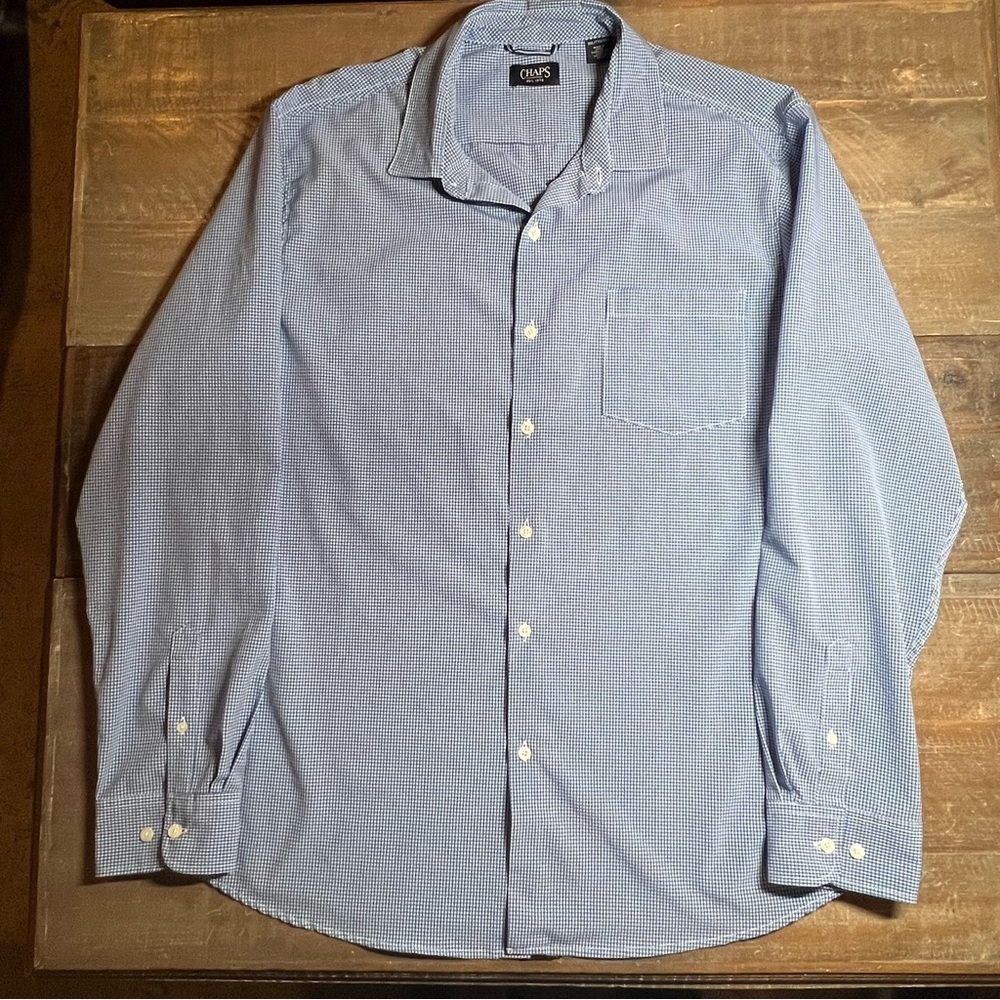 Chaps Men's XXL Blue Gingham Performance Stretch Dress Shirt